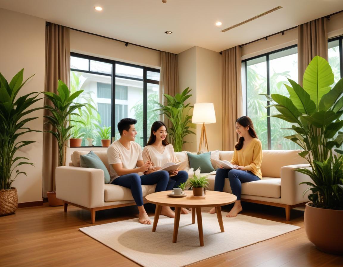 คู่รักใหม่กำลังกอดกันในบ้านใหม่ รอบๆมีกล่องย้ายของ แสดงความสดใสและตื่นเต้น