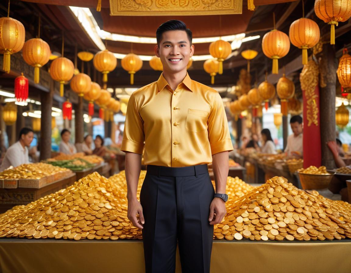 A pile of intricate, shimmering Thai gold coins symbolizing wealth and prosperity.